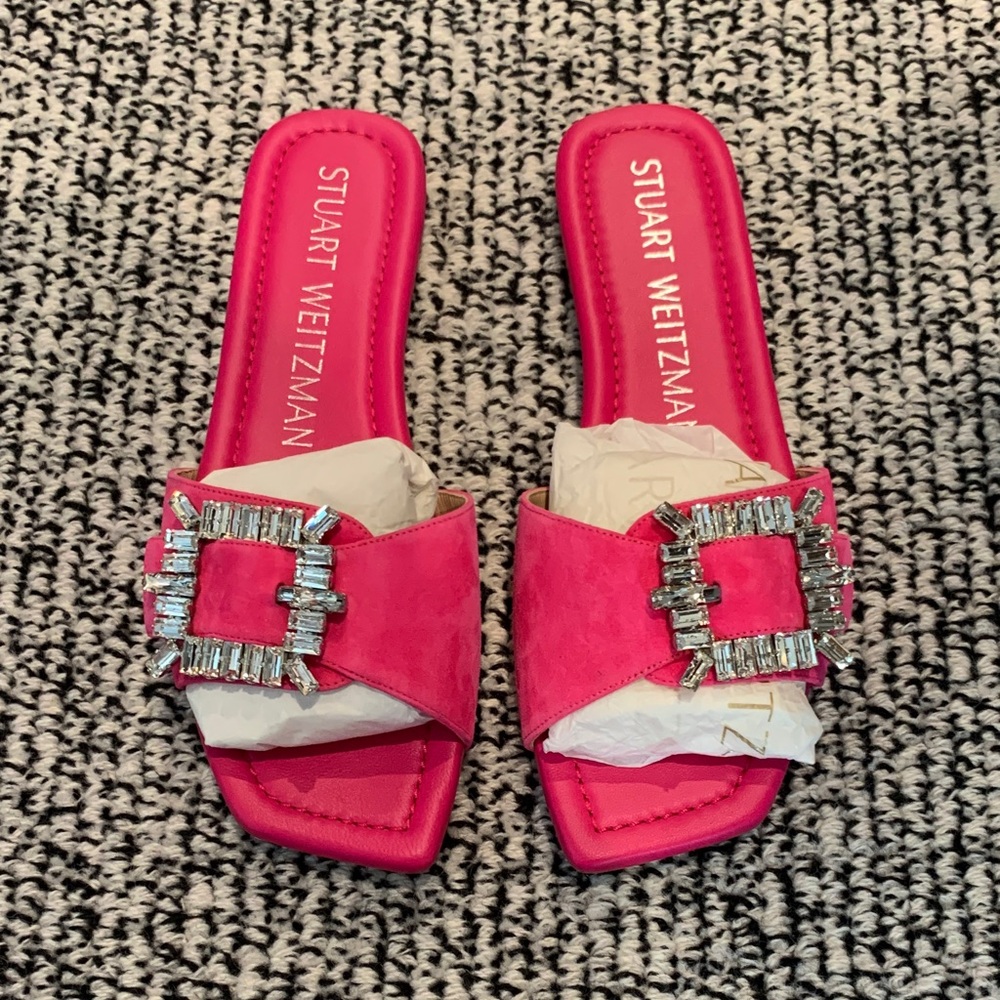 Stuart Weitzman Hot Pink Crystal Buckle Slide Mules. Size61/2